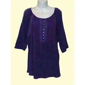 Catherines top 1X Petite purple scoop neck 3/4 raglan sleeve button and loop